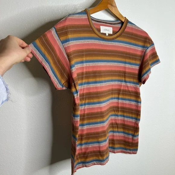 THE GREAT. Short Sleeve Striped Tee in Rust, Pink, Blue, Olive - Picture 5 of 11